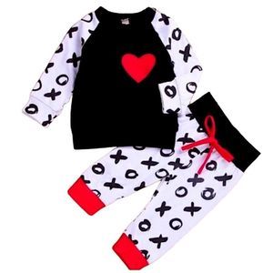 Infant Valentine Two Piece Set XOXO Hugs and Kisses Black White Red Heart Outfit